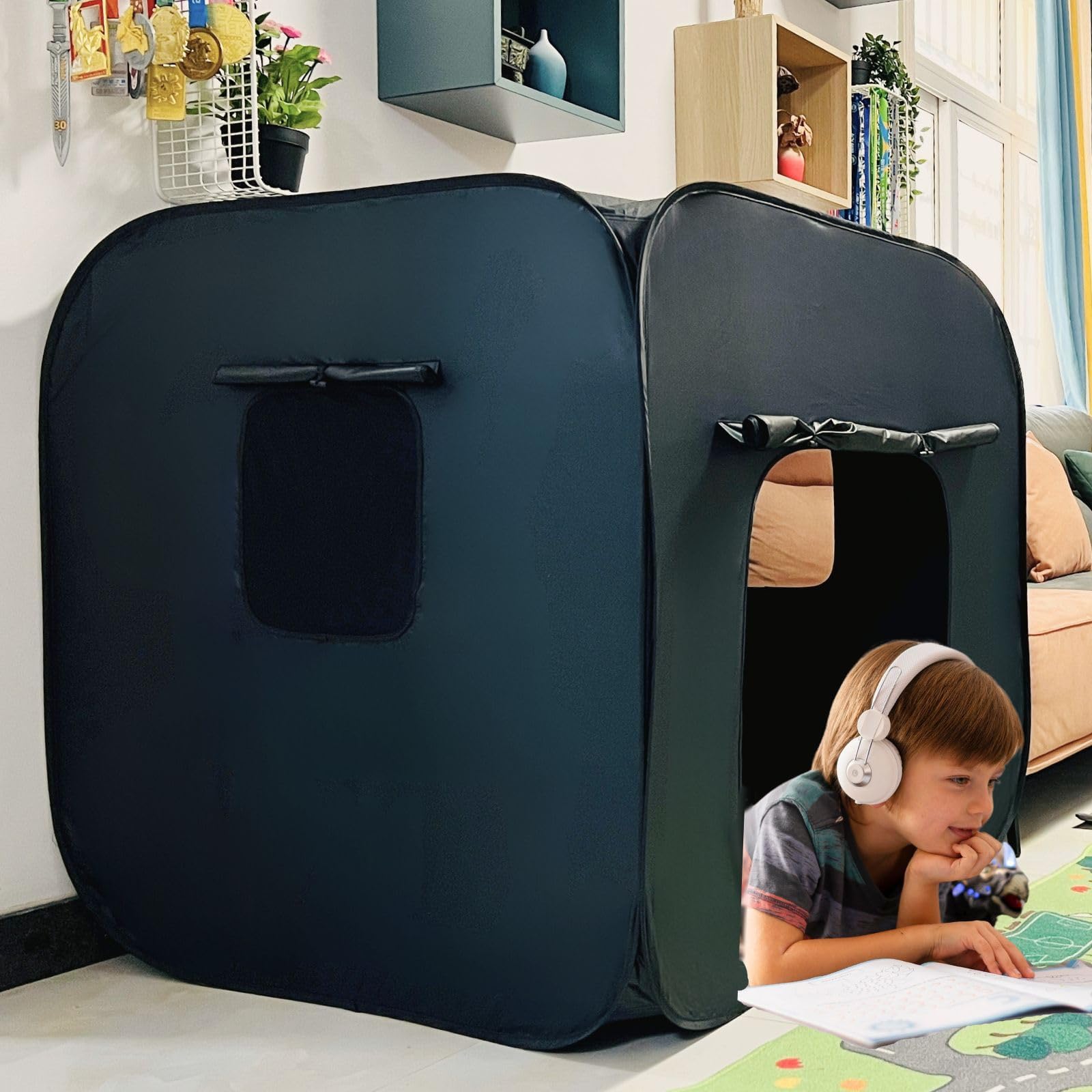 lukidoki Sensory Tent for Kids with Autism ADHD SPD - CPC Certification Black Out Calm Corner Hideout Den Helps Children Adults Relax Reduce Anxiety - Pop-up Autistic Sensory Room Play Tent