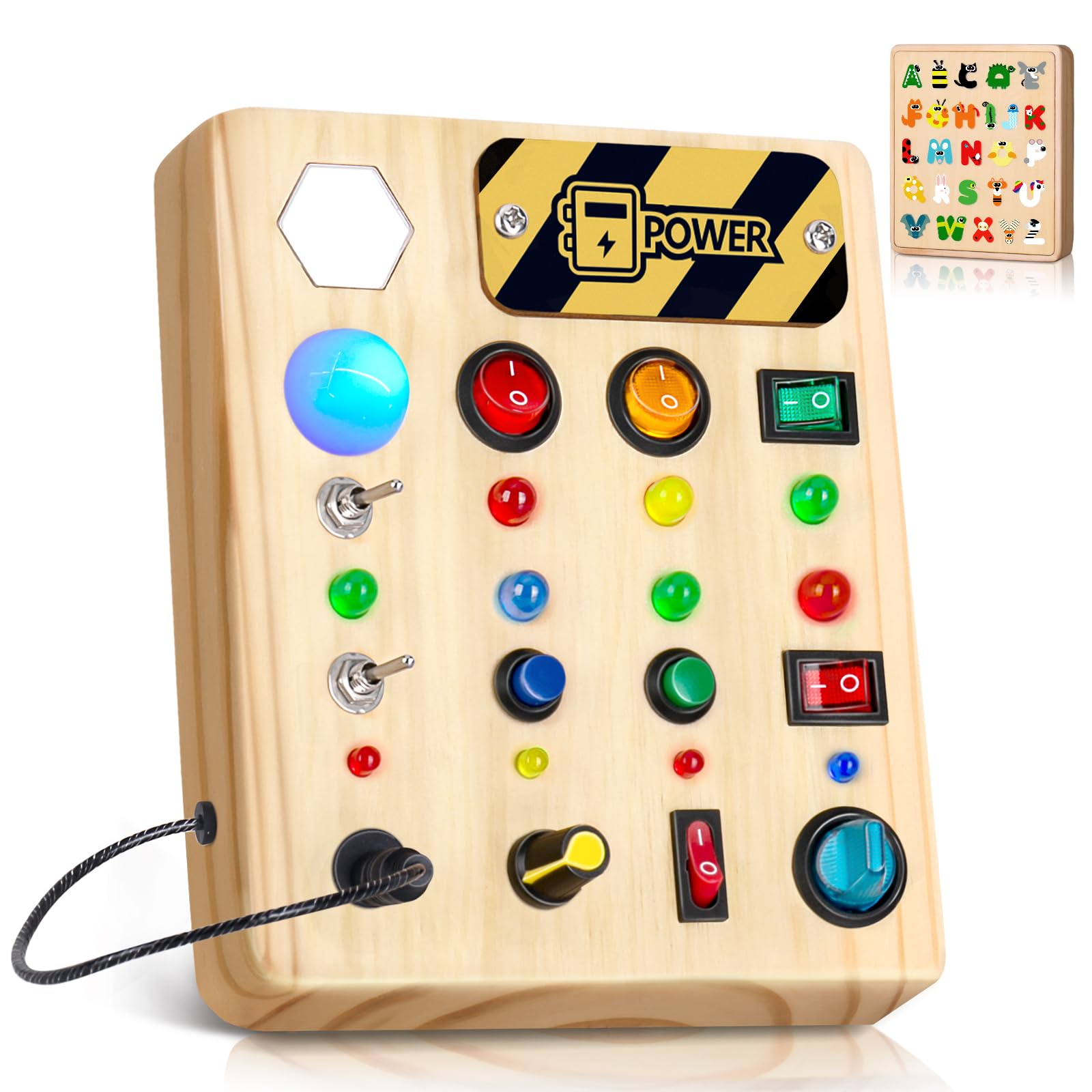 HONGDDY LED Busy Board Wooden Sensory Toys for Toddler Montessori Music Toy for Airplane Travel Activity Educational Learning Toy Busy Light Switch Autism Toys Birthday Boys Girls Gifts